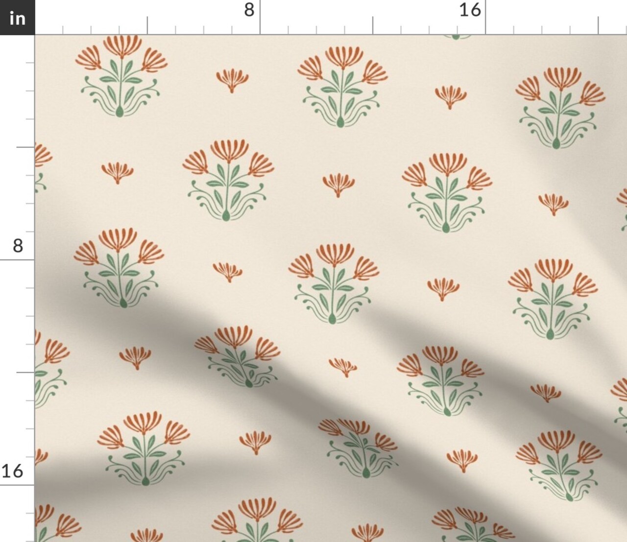Floral Block Print Orange Green Flowers Beige Boho Cottagecore Neutral Faux Texture Custom Printed Fabric by Spoonflower Various Fabrics by the Yard or Fat Quarter